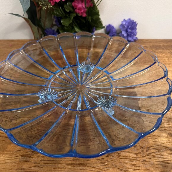 Vintage Blue Glass 3-Footed Dish Set Retro Ribbed Pattern Decorative Bowl - Picture 6 of 9